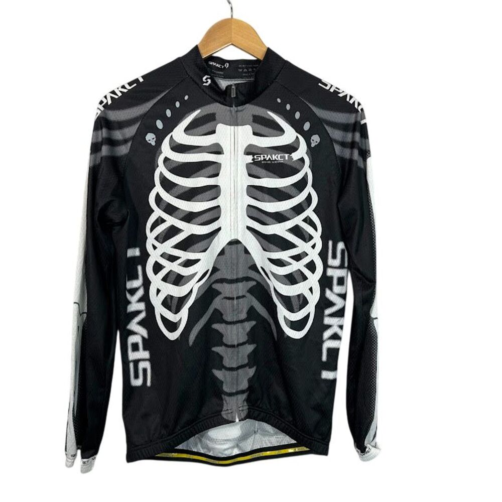 Spakct Mens XL Skeleton Print Cycling Jersey Black Long Sleeve Zip Up